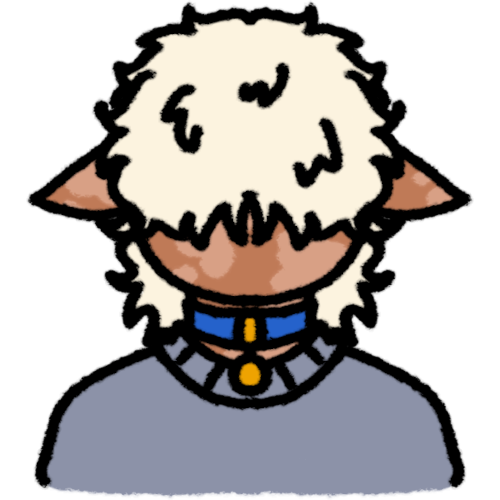 a brown-skinned person with vitiligo and pointed ears. the person has a light blonde mullet with shaggy bangs covering their eyes. they are wearing a blue collar with a gold tag, and a light blue collared shirt